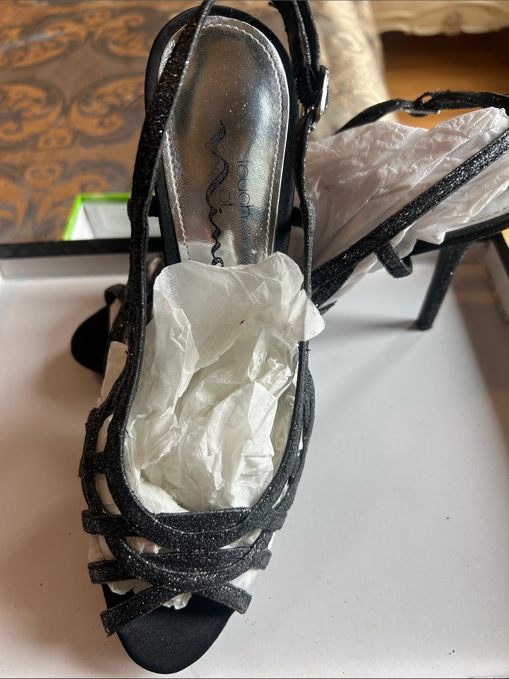 Touch Ups Black Glitter Strappy Slingback Heels